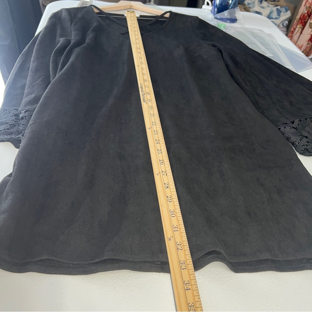 JODIFL Black Faux Suede Crisscross V-Neck Lace‎ Trim Flare Sleeve Dress M - Picture 11 of 12